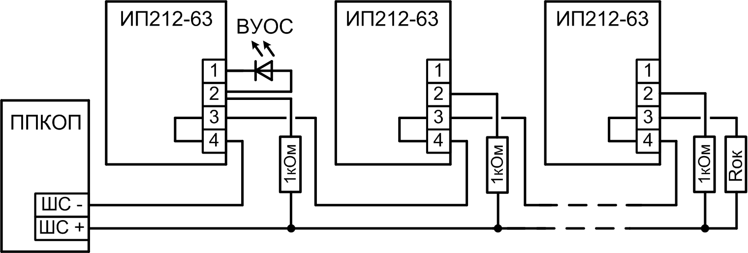 Типовая схема включения извещателя для приборов с однополярным шлейфом сигнализации. Величина резистора Rок определяется в соответствии с техническим описанием ПКП Извещатель дымовой, оптико-электронный Данко. Изображение 1